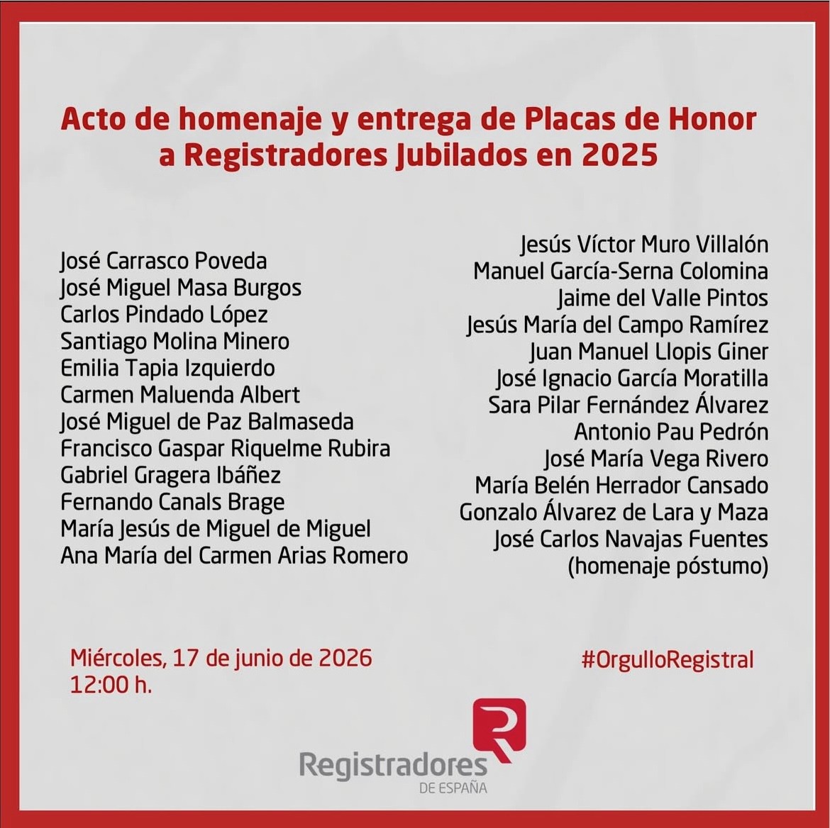 Acto de entrega de placas de honor a registradores jubilados